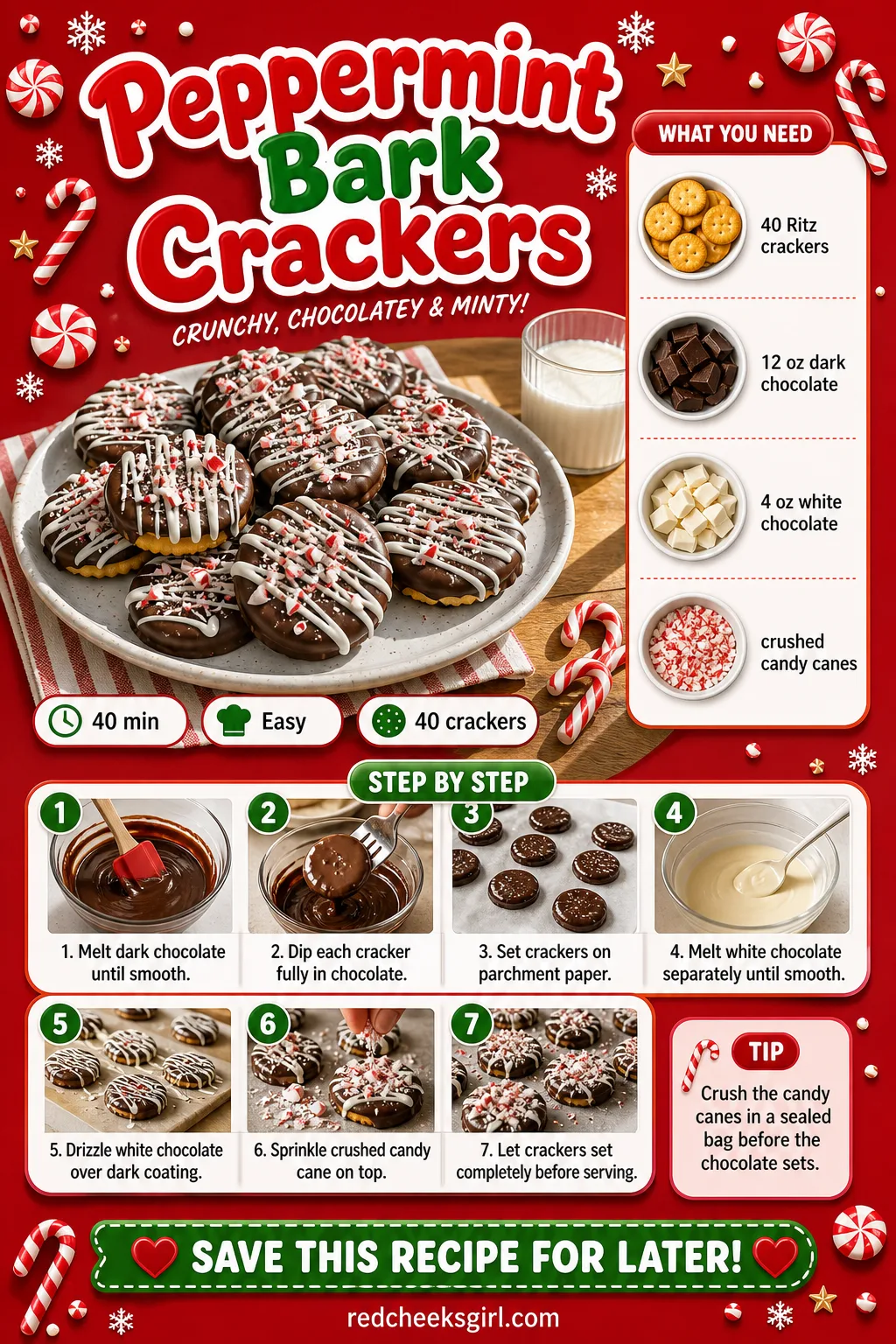Peppermint Bark Crackers Recipe Card printable sheet — Printable card with photo, prep and total time, yield, full ingredient list and numbered steps. Ritz