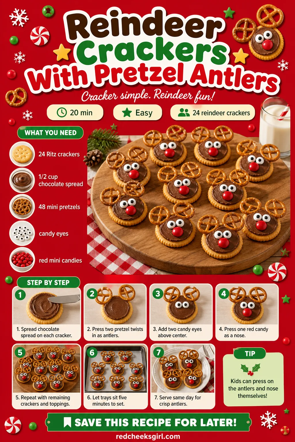 Reindeer Crackers With Pretzel Antlers Recipe Card printable sheet — Printable card with photo, prep and total time, yield, full ingredient list and numbered