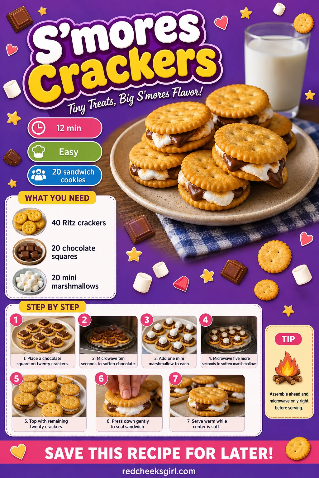S'mores Crackers Recipe Card printable sheet — Printable card with photo, prep and total time, yield, full ingredient list and numbered steps. Ritz cracker