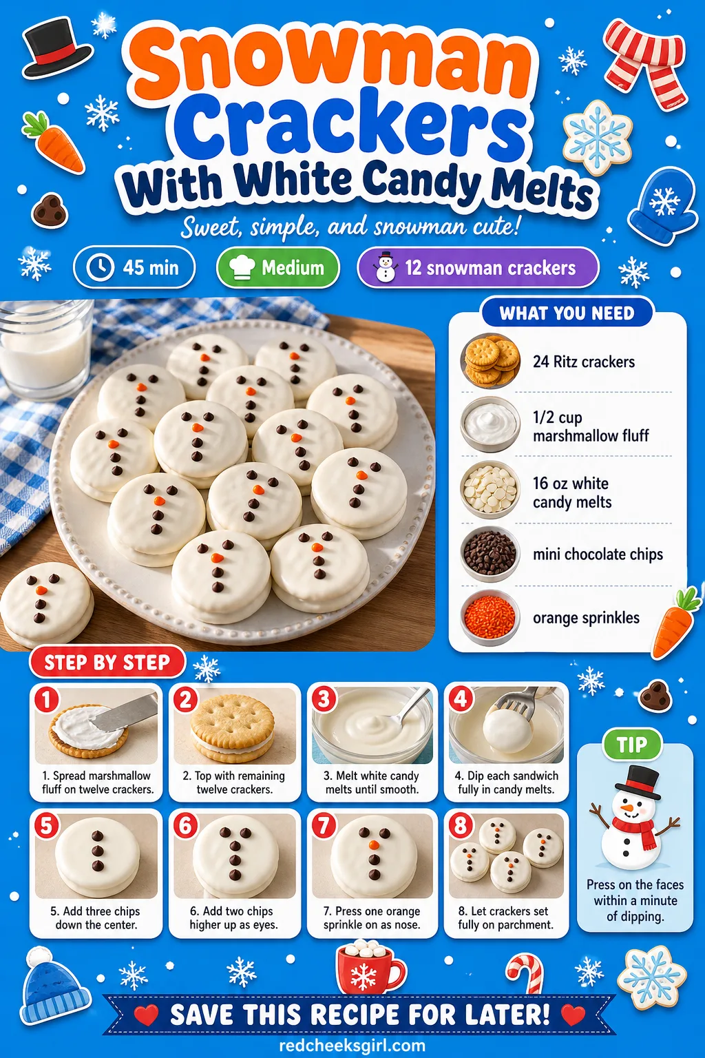 Snowman Crackers With White Candy Melts Recipe Card printable sheet — Printable card with photo, prep and total time, yield, full ingredient list and numbered