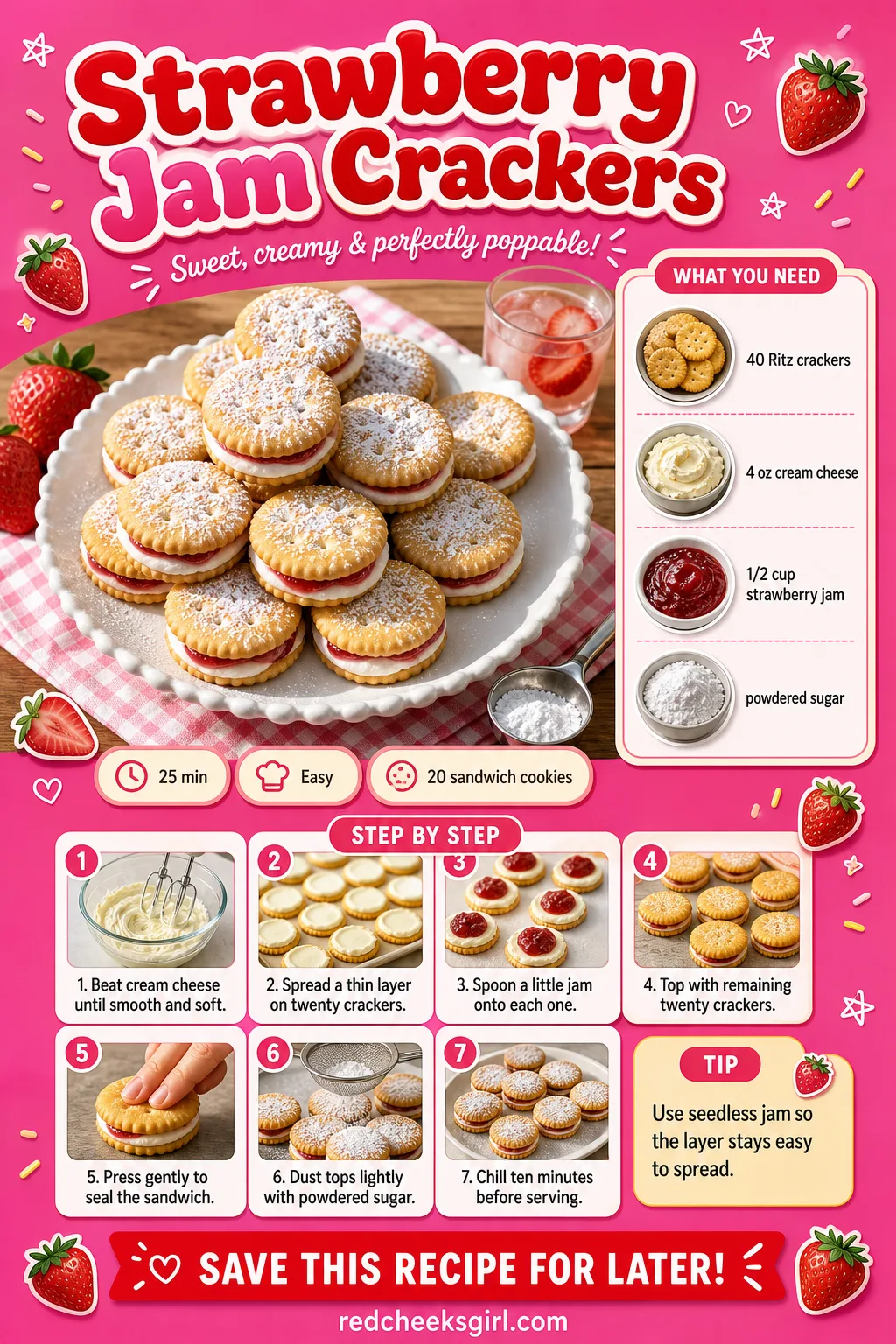 Strawberry Jam Crackers Recipe Card printable sheet — Printable card with photo, prep and total time, yield, full ingredient list and numbered steps. Ritz