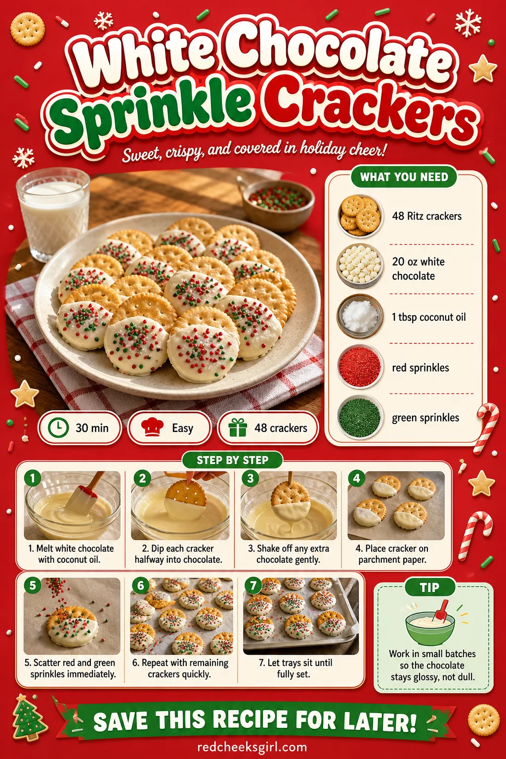 White Chocolate Sprinkle Crackers Recipe Card printable sheet — Printable card with photo, prep and total time, yield, full ingredient list and numbered steps.