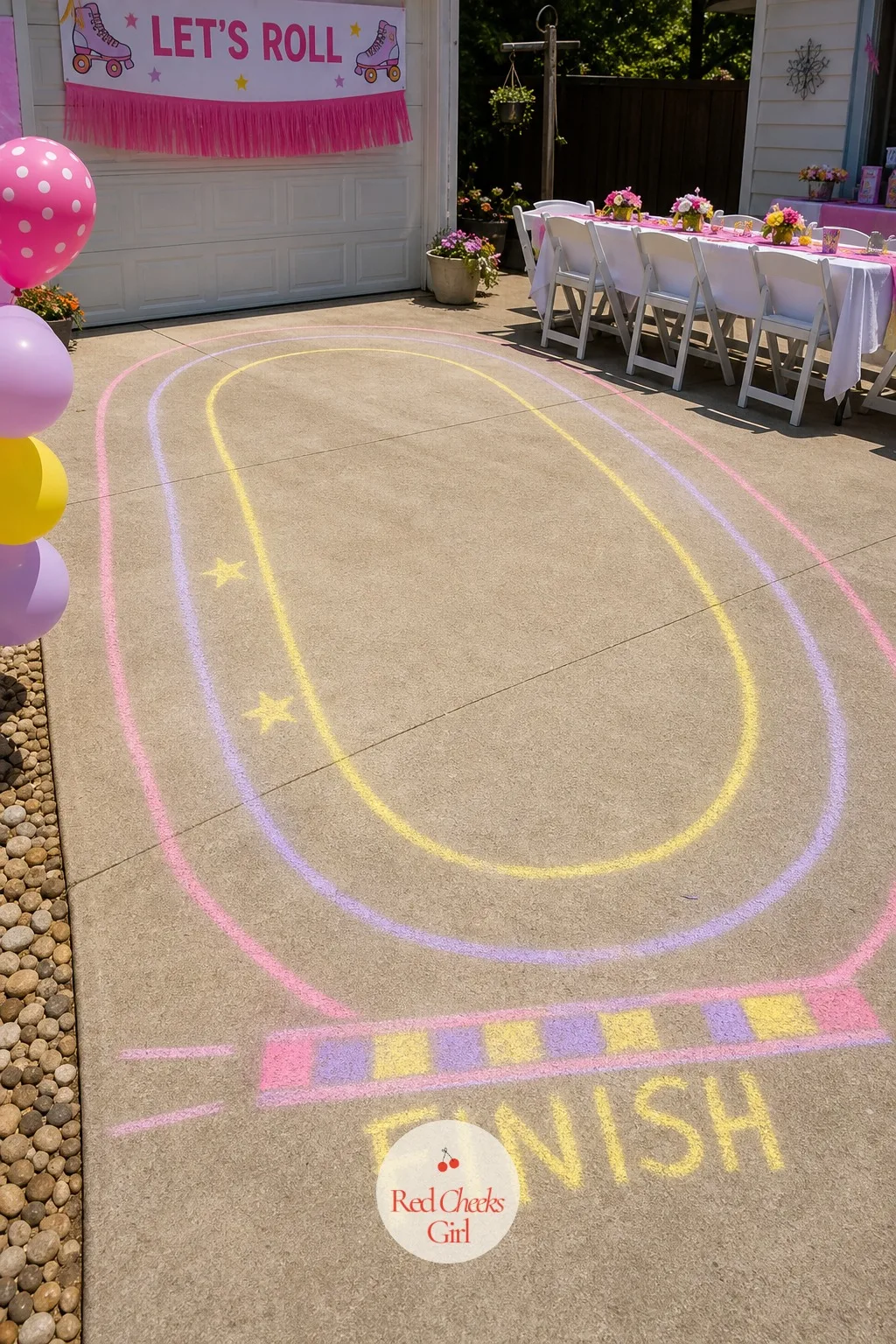 Chalk-Drawn Skate Rink on the Driveway — A plain driveway does not say rink, no matter how many balloons go up around it. Roller skating birthday party