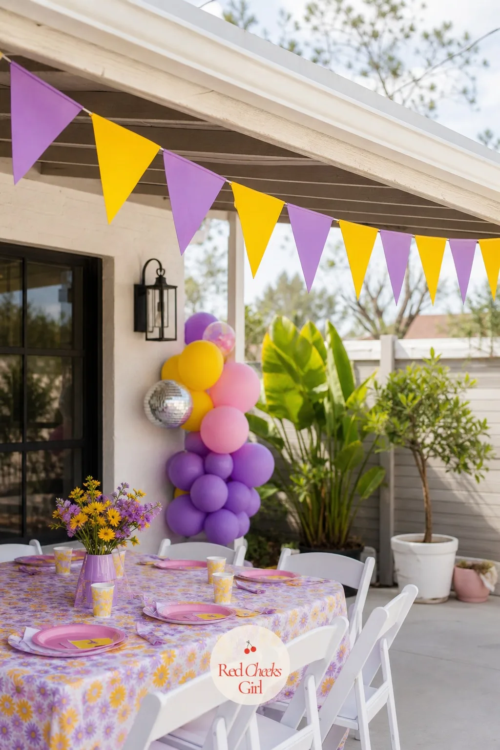 Lilac and Yellow Bunting Along the Patio Eaves — Balloons do the big gesture, bunting does the detail work, strung along a line where the eye naturally