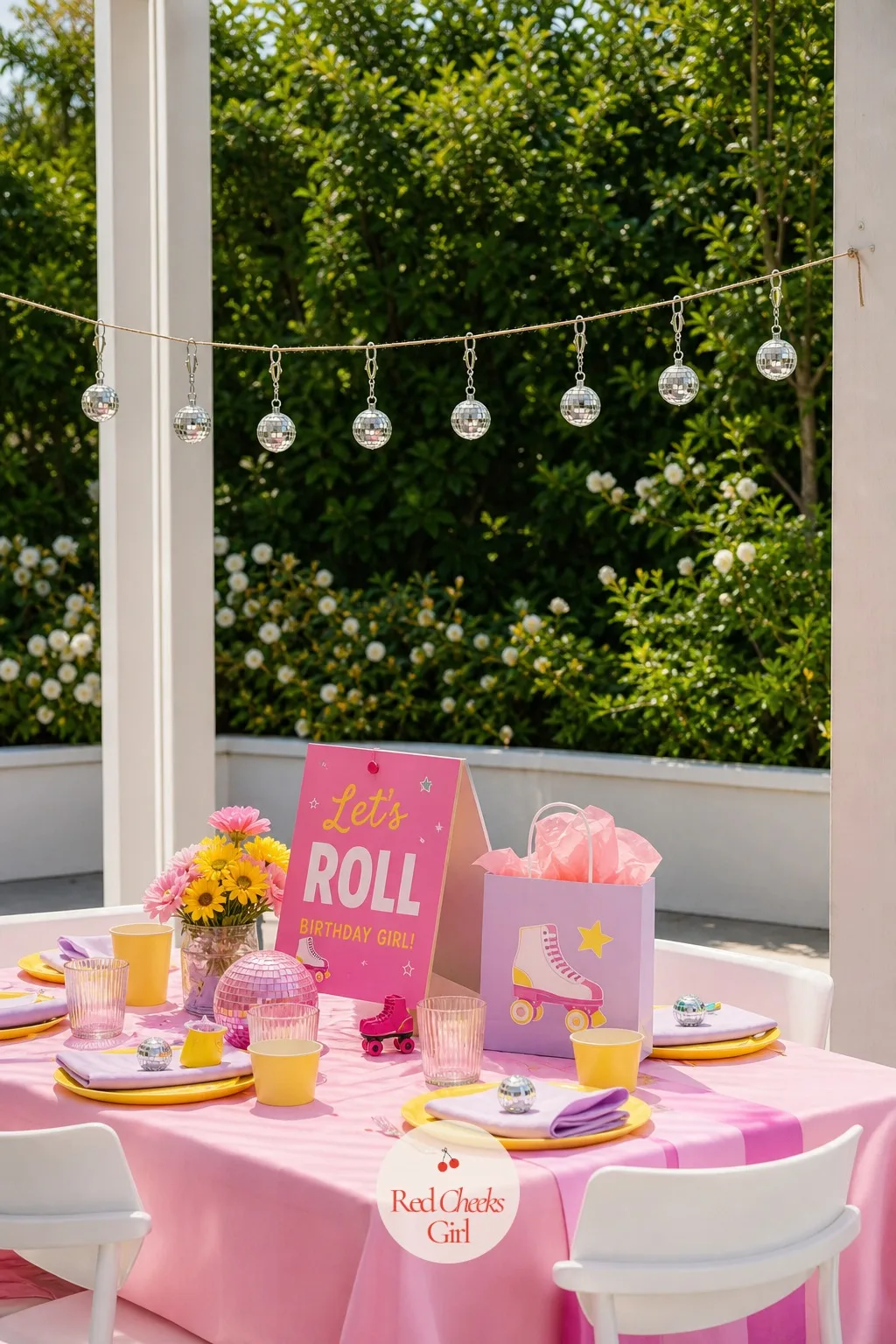 Mini Disco Ball Favor Line — A nod to the roller disco without a single glow stick in sight, strung up somewhere guests pass on their way out rather than