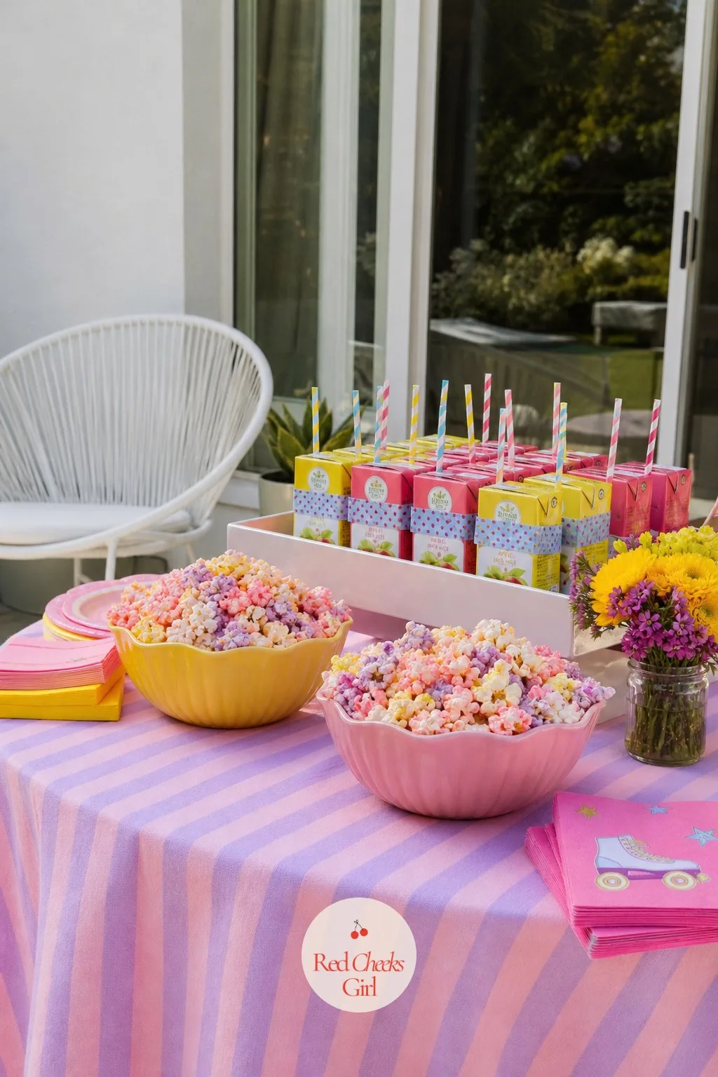 Patio Snack Table With Pastel Popcorn and Juice Boxes — Skating in and out all afternoon means nobody sits down for a proper meal, so the food has to be grab