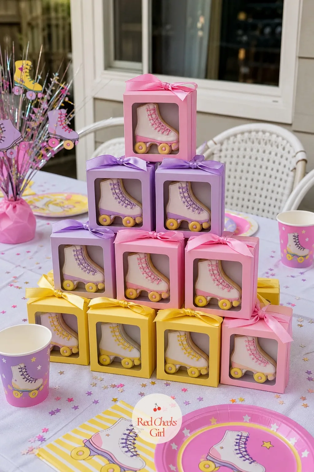 Retro Skate Cookie Favor Boxes — A plain goody bag is fine, but a small box she has to open feels like a present rather than a leftover, and it survives the