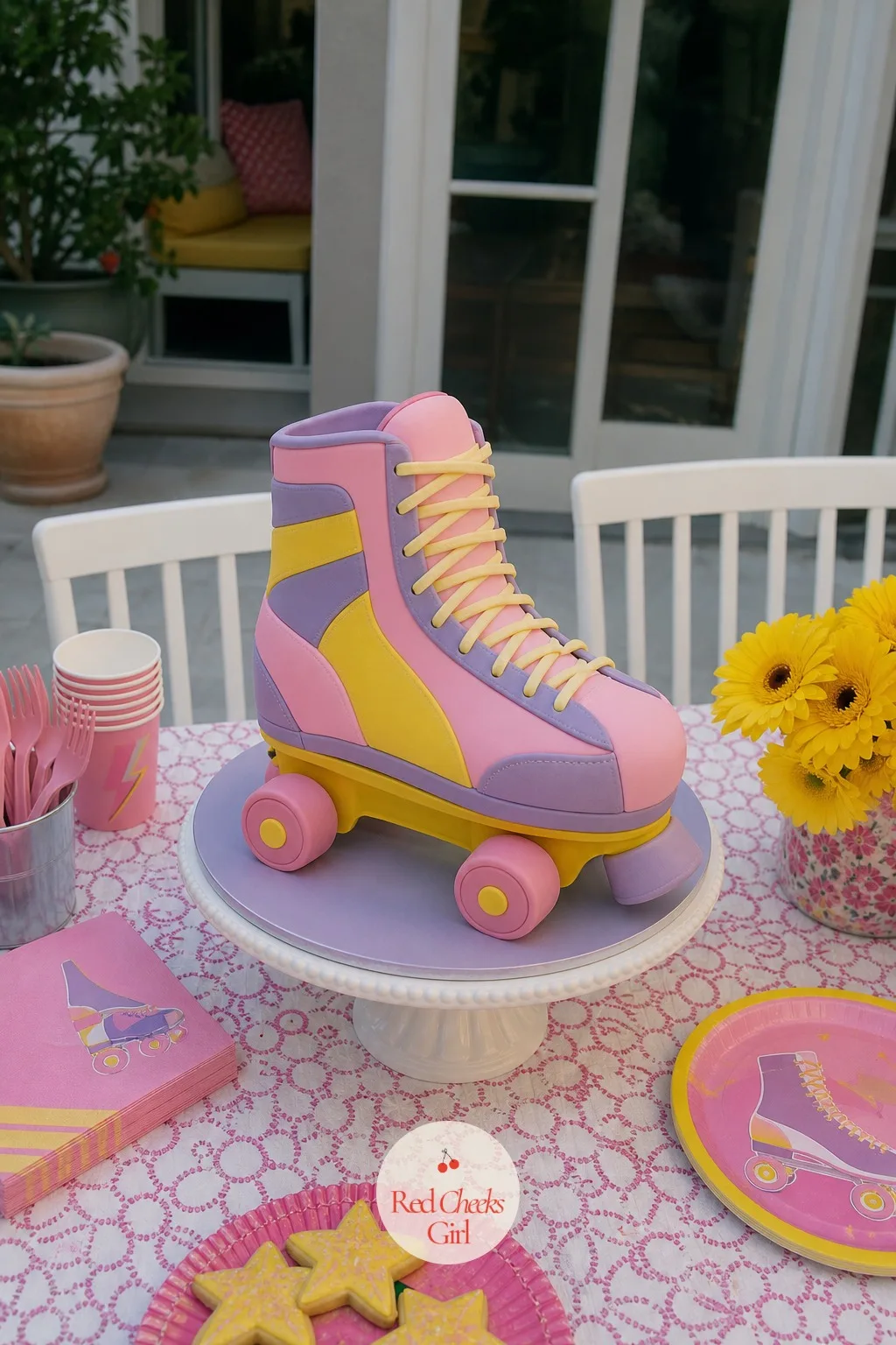 Roller Skate Cake in Fondant — This is the thing everyone photographs first. Roller skating birthday party