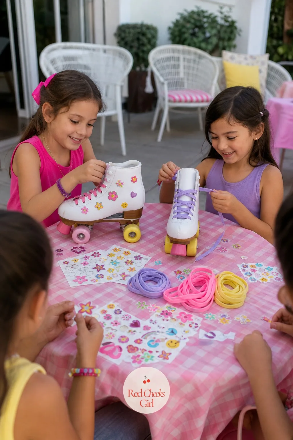 Skate Decorating Station With Stickers and Laces — Give her a bare pair of plain canvas skates or a sticker sheet and watch an entire table of nine year olds