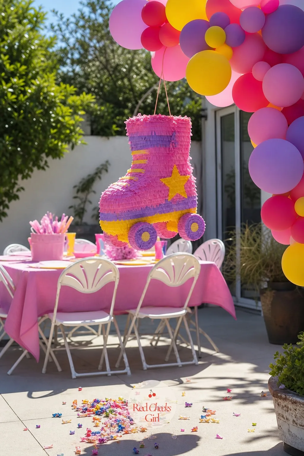 Skate Piñata — Hung from the same balloon arch that frames the whole patio, this one looks like a prop until the first swing lands and it turns out to be