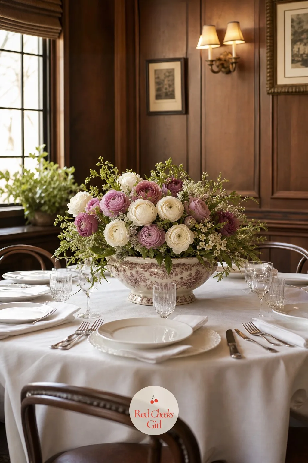 Antique Tureen Filled With Ranunculus and Greenery — A vintage soup tureen, the kind with a lid you set aside and never use again, becomes the vessel here.