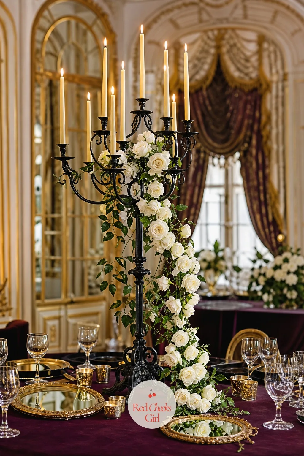 Candelabra With Cascading Flowers — A multi-arm metal candelabra stands at the centre, tapers lit along each arm, while flowers and greenery are wired along