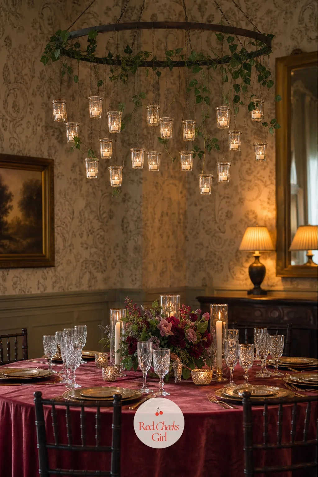 Chandelier of Glass Votives Suspended Above — Small glass votive holders hang at different lengths from a frame suspended above the table, each cradling a
