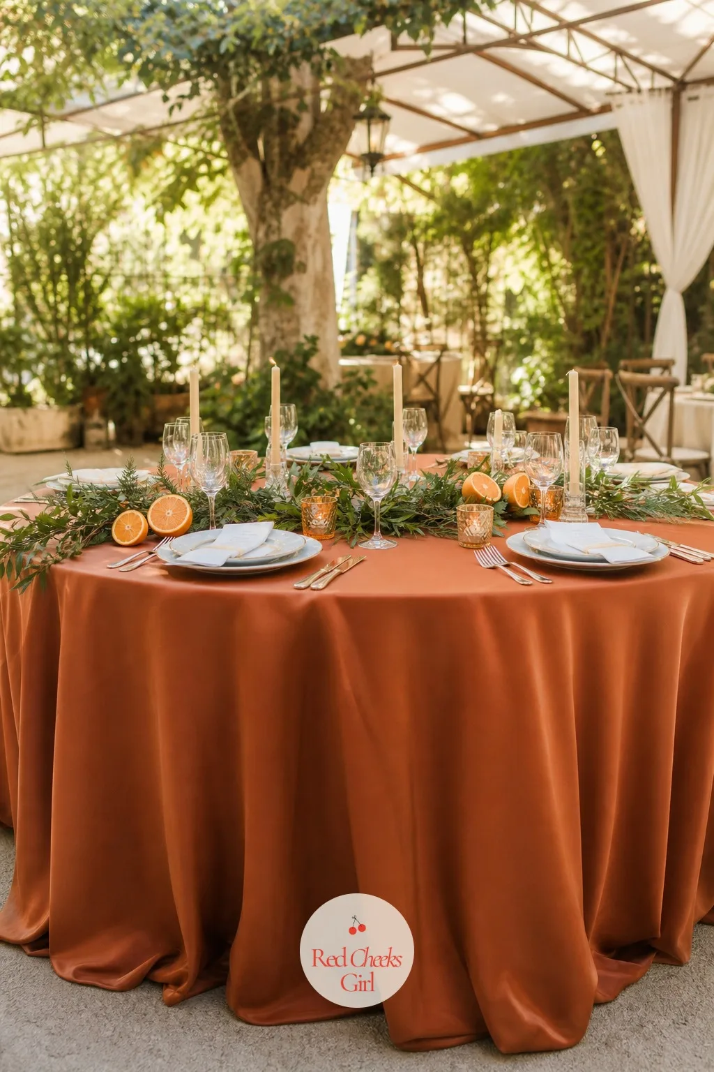 Citrus and Greenery Garland Down the Center With Candles — A loose garland of greenery runs across the table rather than sitting in a vase, with halved or