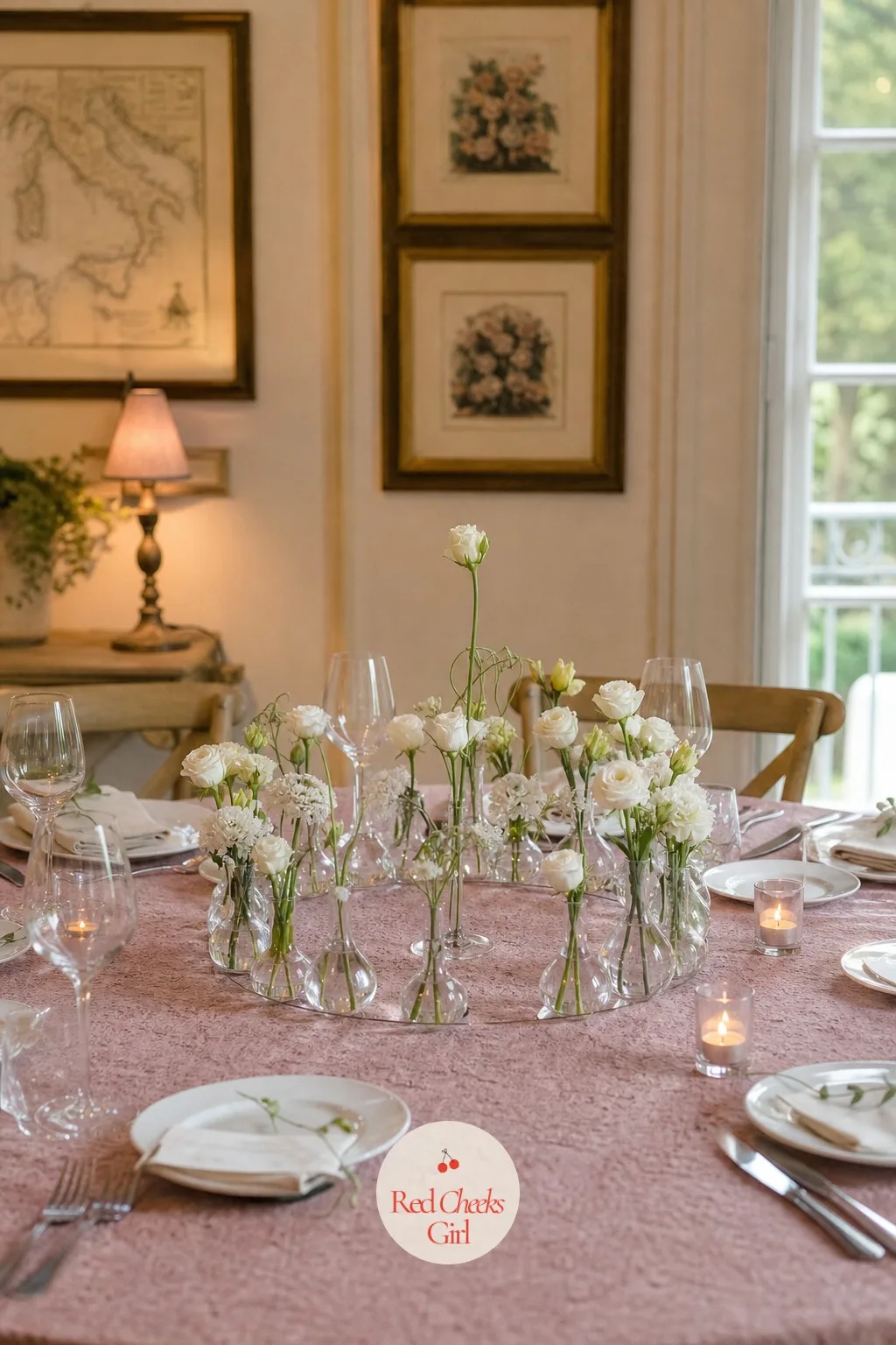 Cluster of Bud Vases in a Ring — Instead of one vessel, this is five or six small bud vases of varying heights arranged in a loose ring at the centre of the