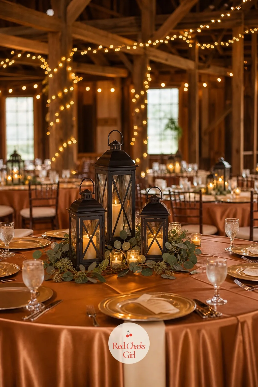 Cluster of Lanterns With Votives Down the Table — No flowers at all here, just a small cluster of metal and glass lanterns of varying sizes, each holding a