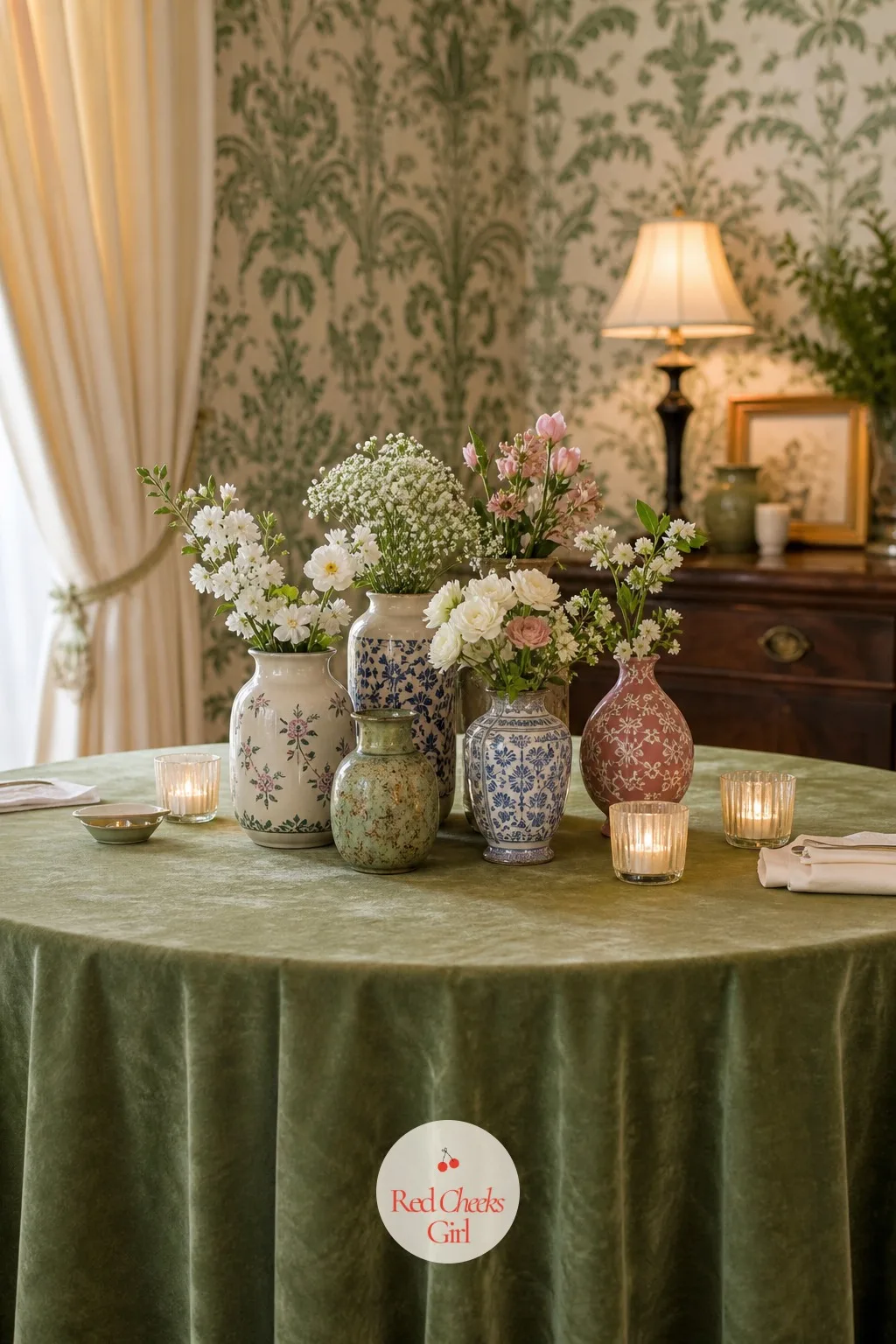Collection of Mismatched Vintage Vases Grouped at Center — A collected group of vintage-style vases, no two alike in shape or exact colour, sits clustered at
