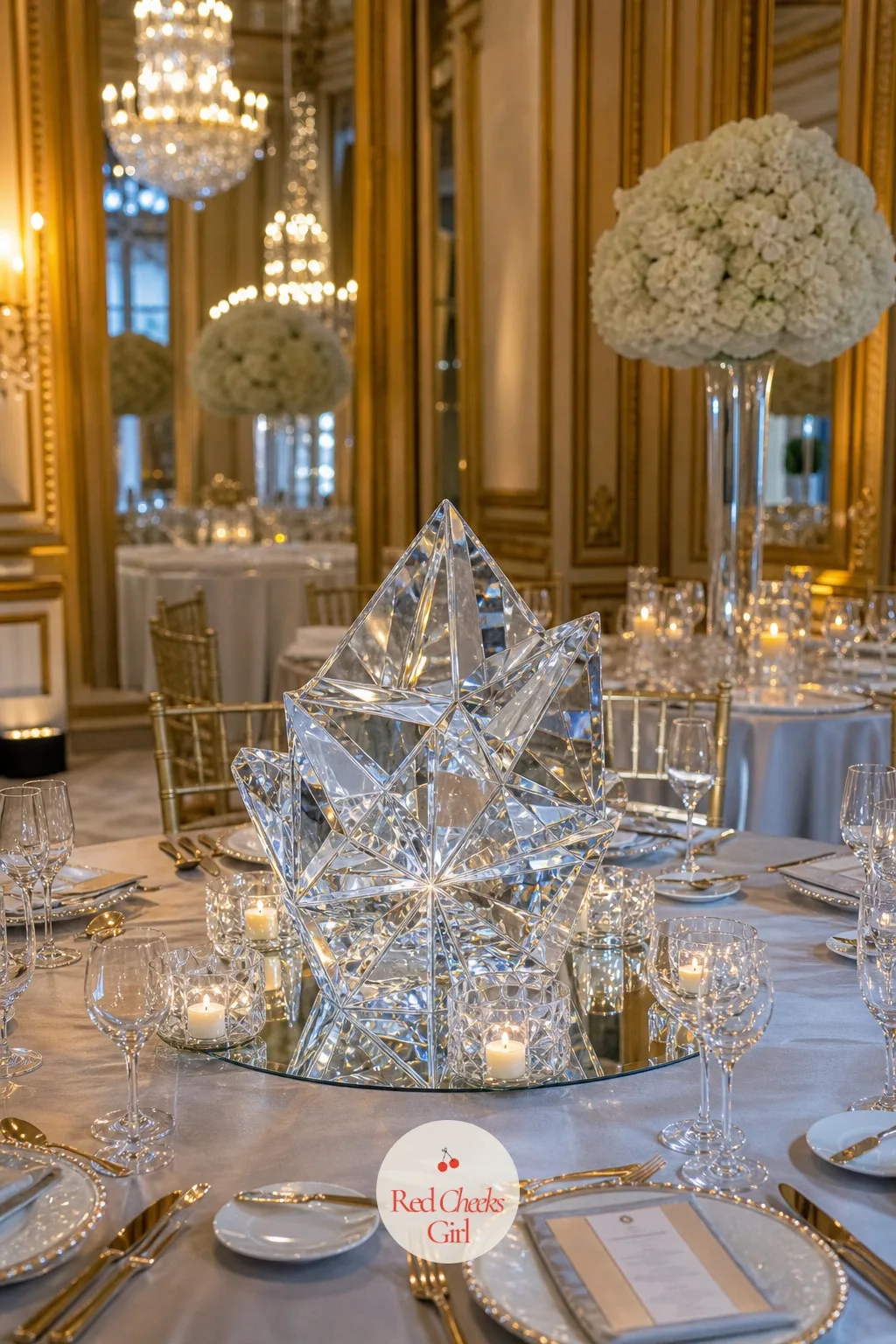 Crystal Prism Sculpture Centerpiece — A standalone crystal or cut-glass sculpture, sometimes a faceted sphere or a tiered prism stand, sits at the table's
