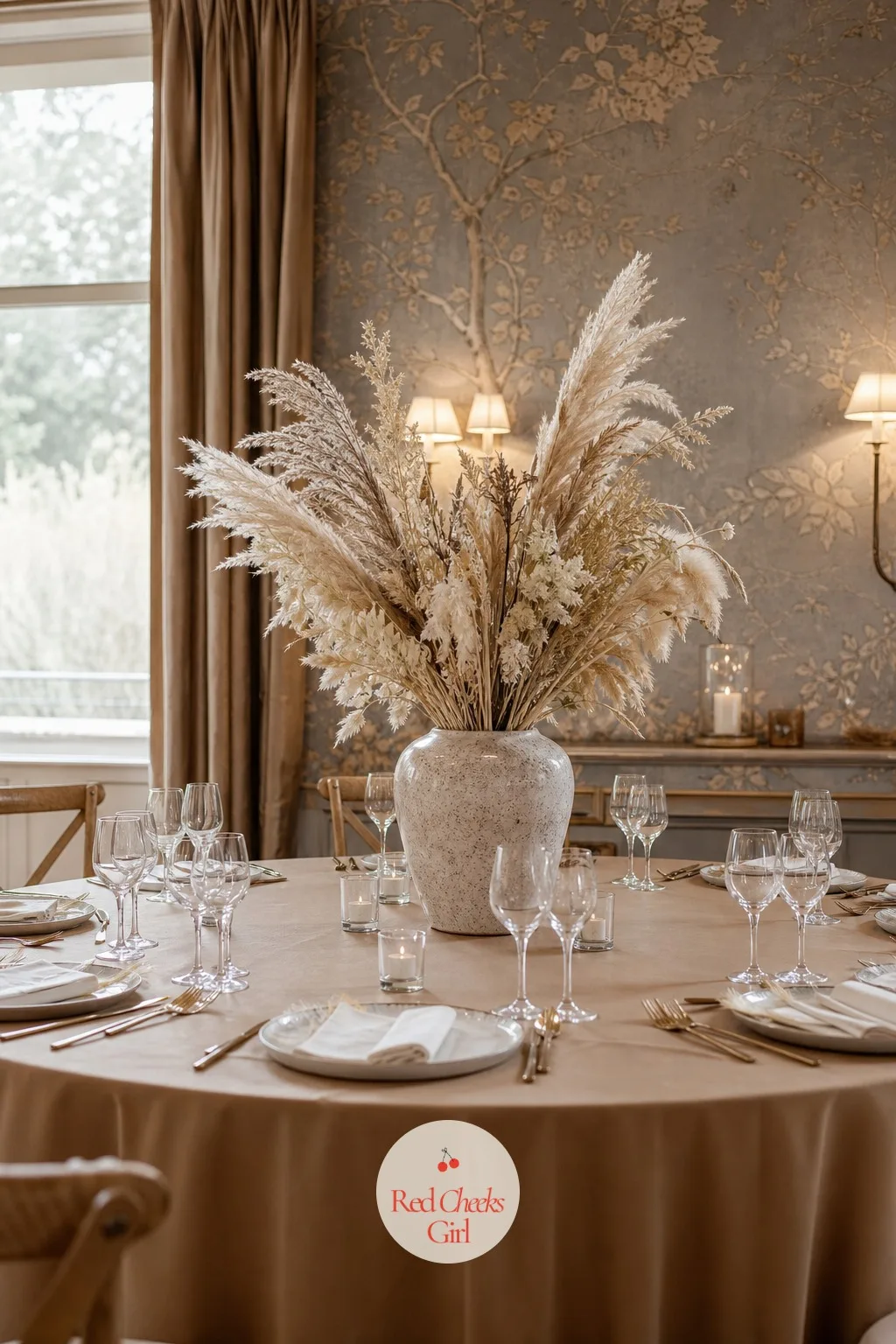Dried Grasses and Pampas Arrangement in a Ceramic Vase — A textured mix of dried pampas grass, bunny tail and wheat sits in a stoneware or ceramic vase, with