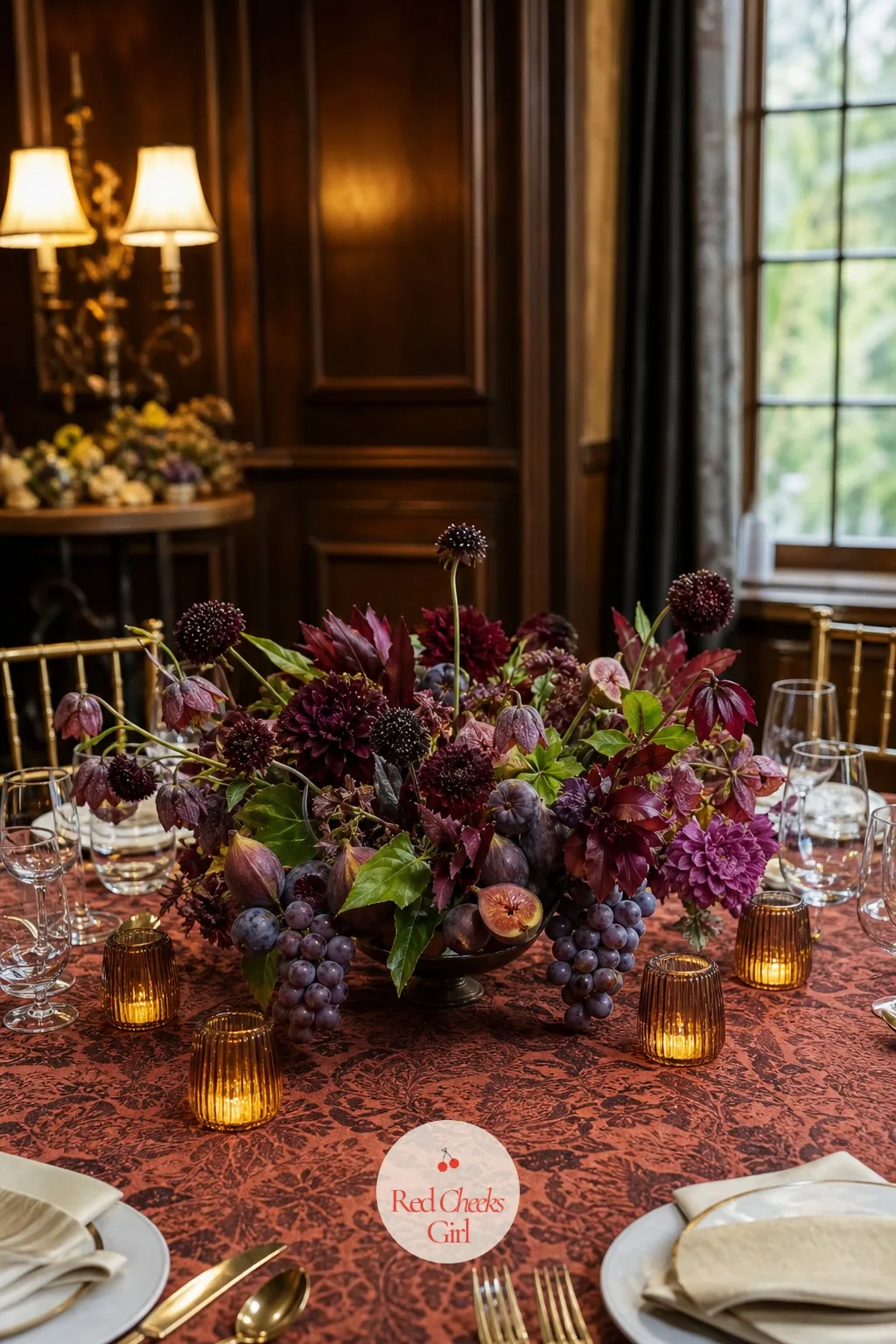 Fruit and Flower Mix — Fresh fruit sits tucked in among the flowers rather than beside them: figs, grapes, pomegranates halved open or small citrus, nestled