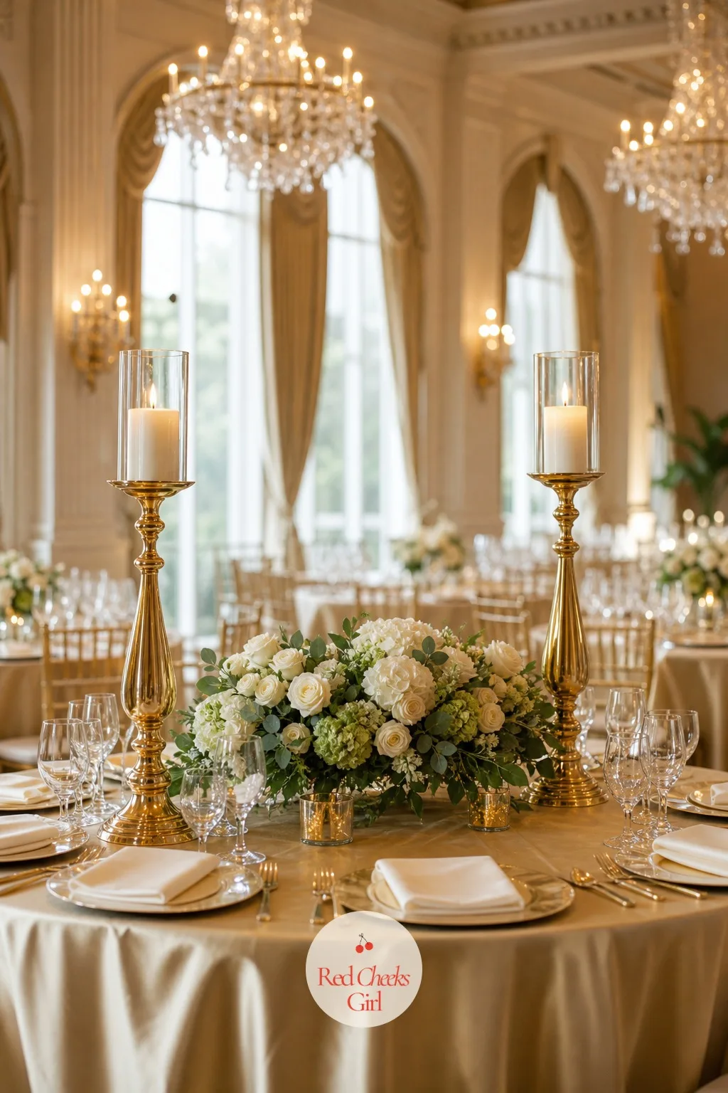 Gold Candlestick Duo Flanking a Low Floral Runner — Two matching gold candlesticks sit either side of a low, narrow run of flowers and greenery laid directly