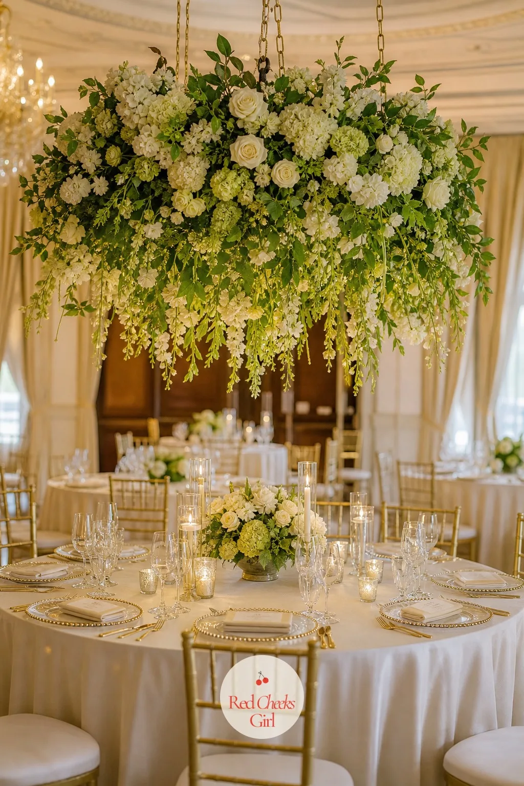 Hanging Floral Installation Over the Table — Built from the ceiling down: a frame or hoop is rigged above the table, flowers and trailing greenery are wired to