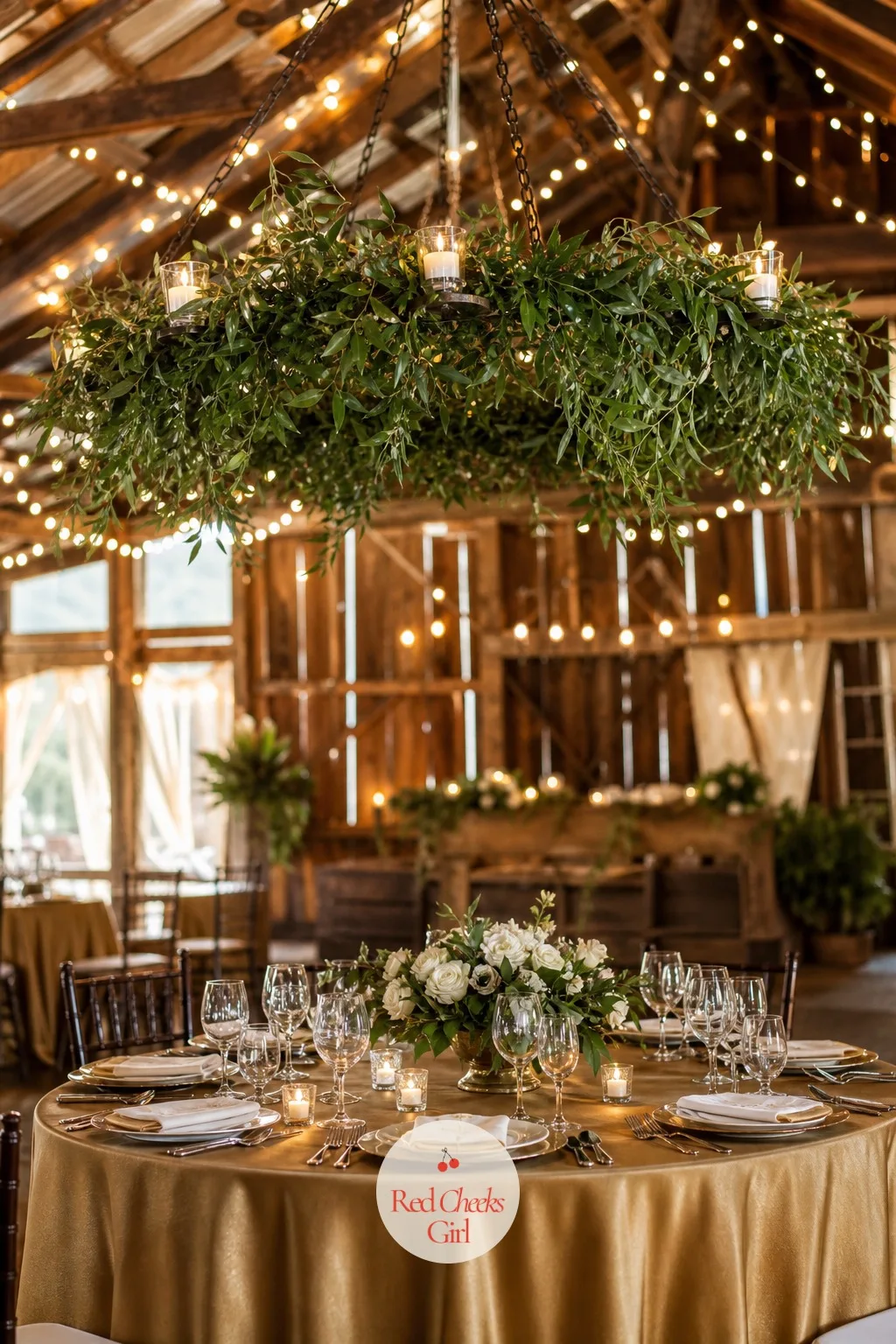 Hanging Greenery Garland Chandelier With Candles — A circular or rectangular frame hangs above the table, greenery garland wrapped around its structure, with