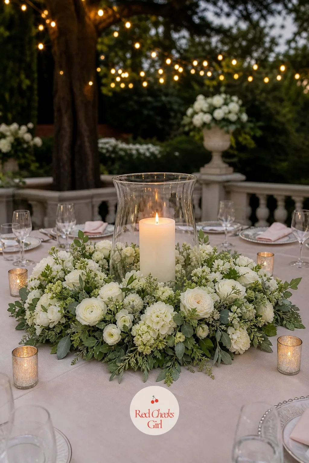 Hurricane With Pillar Candle and Flower Ring — Built in layers: a glass hurricane cylinder sits at the centre with a thick pillar candle inside it, and a ring