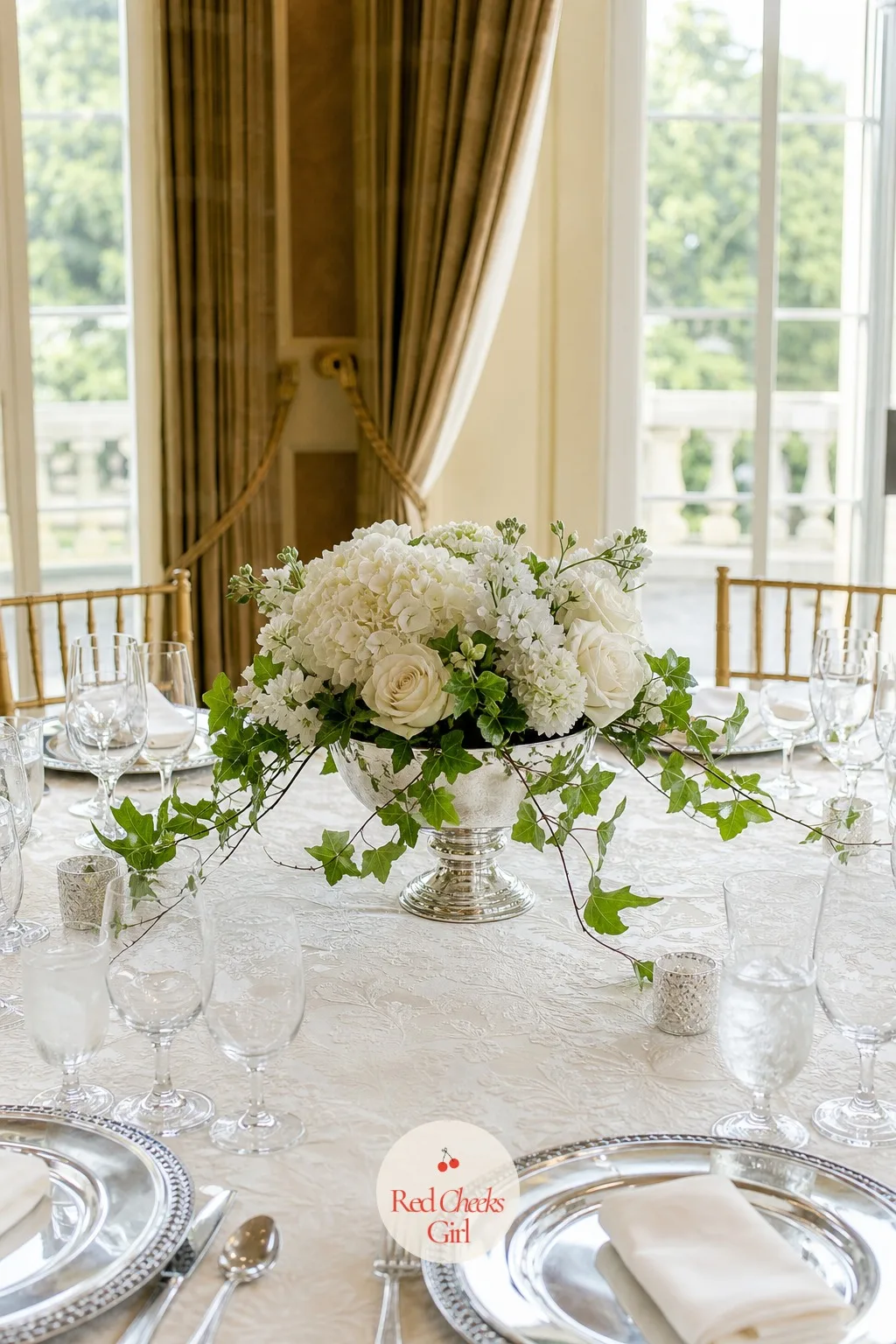 Low Arrangement in a Silver Compote With Trailing Ivy — Polished silver catches every candle flame on the table, which is the whole point of this one: a