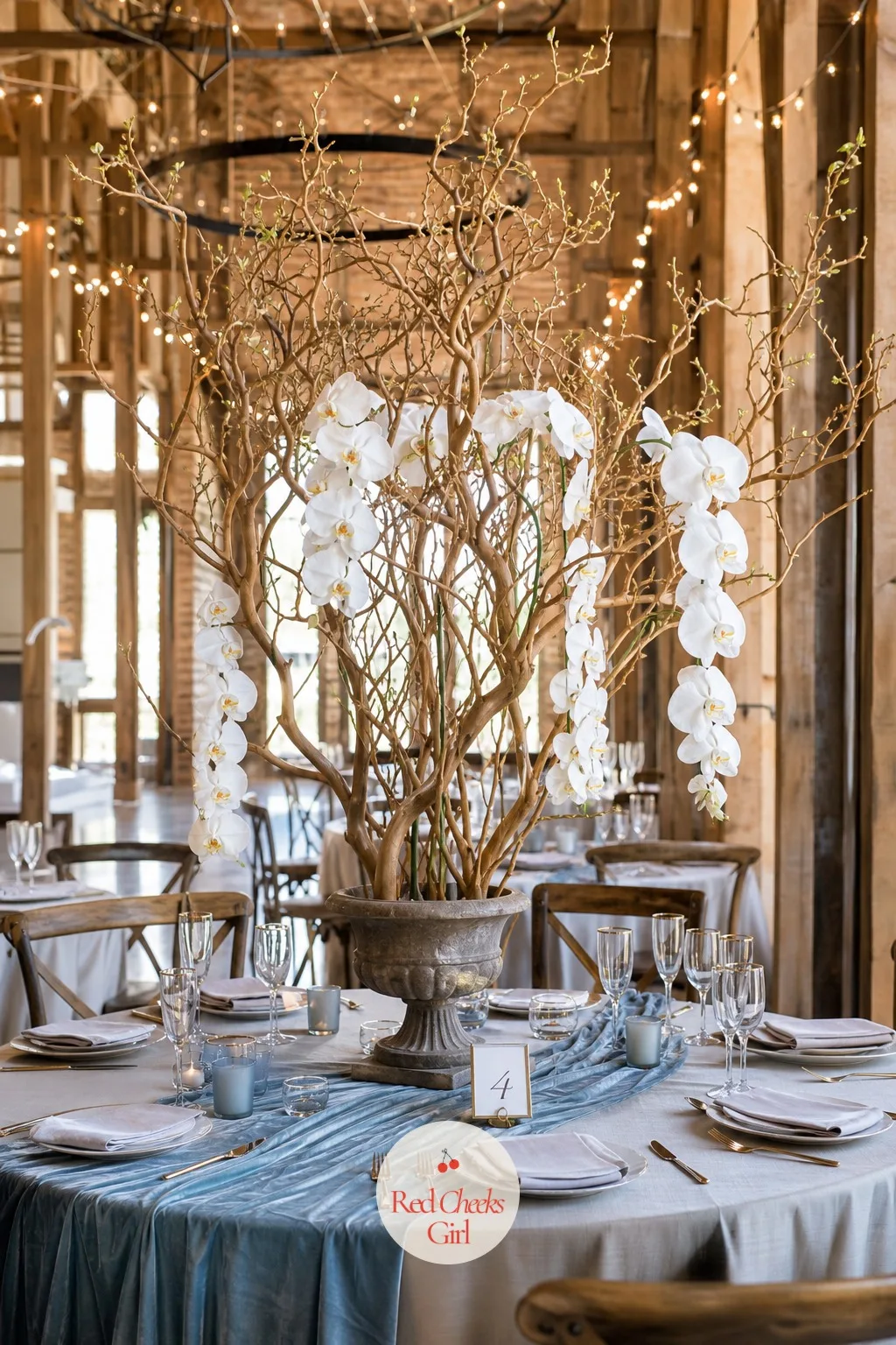 Manzanita Branch Arrangement With Hanging Orchids — Bare manzanita branches sit weighted into a heavy urn base at the bottom, their forked shape rising and