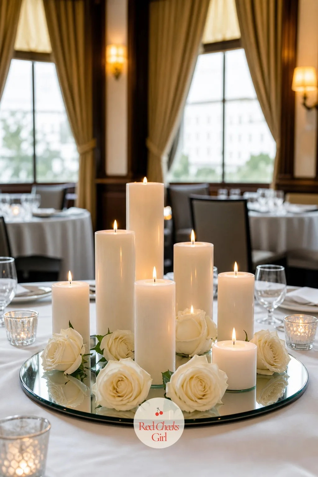 Mirror Tray With Candles and Florals — A flat mirrored tray lies directly on the cloth, and everything else sits on top of it: a cluster of pillar and taper