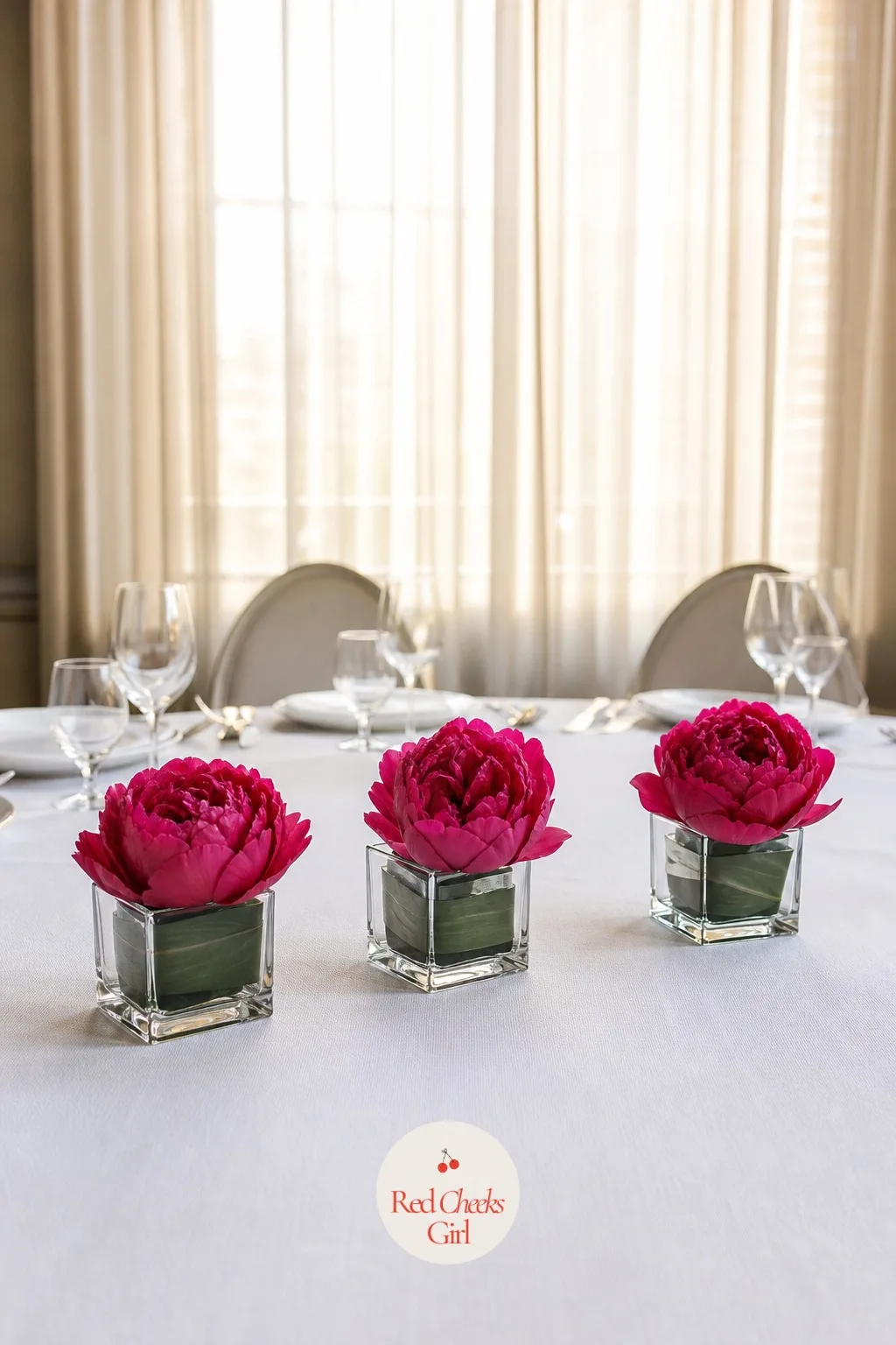 Row of Three Low Glass Cubes With Single Blooms — Three small square glass cubes sit in a straight line through the centre of the table, each holding one or