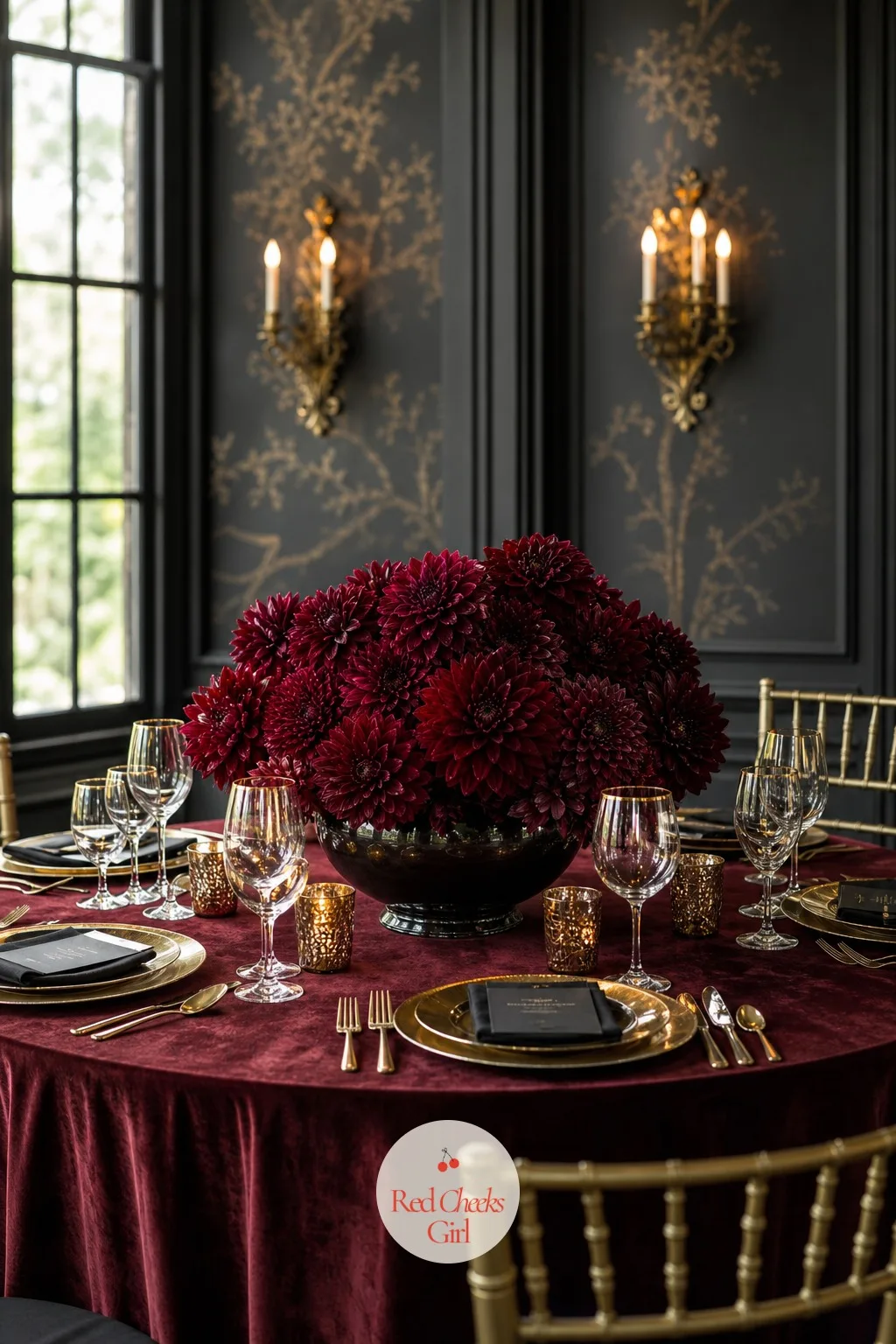 Single Oversized Dahlia Cluster in a Low Bowl — One flower variety only, in a dark glazed bowl that disappears under the blooms: a cluster of dinner-plate