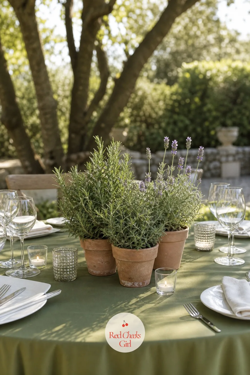 Small Potted Herb Cluster — Small terracotta pots of rosemary, lavender or thyme sit grouped together at the centre of the table, sometimes wrapped in a strip
