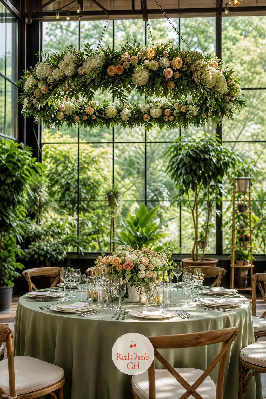 Suspended Floral Hoop Ring Above the Table — A single circular hoop, wrapped partway or fully in flowers and greenery, hangs flat above the table on thin wire