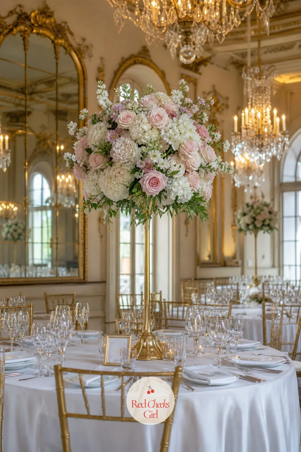 Tall Arrangement on a Gold Stand Above Eye Level — This is the classic ballroom centerpiece: a slender gold pedestal stand rises from the tabletop, narrow