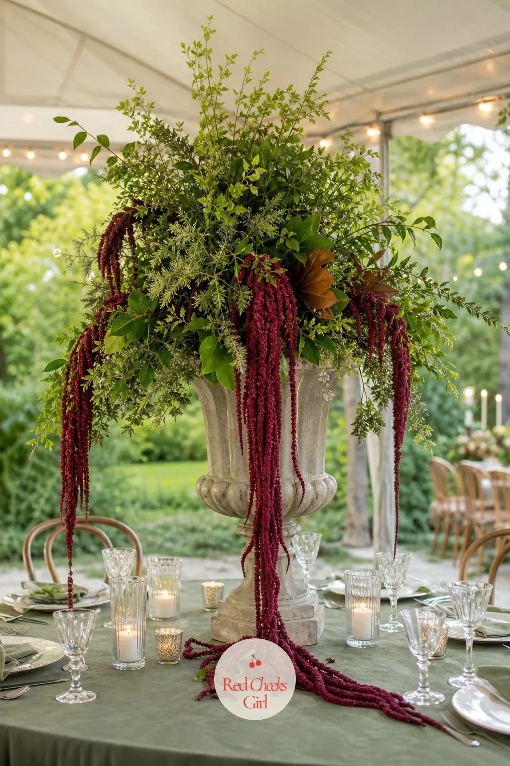 Tall Urn With Cascading Amaranthus and Greenery — A substantial urn forms the base, packed at the top with greenery and a few focal blooms, with strands of
