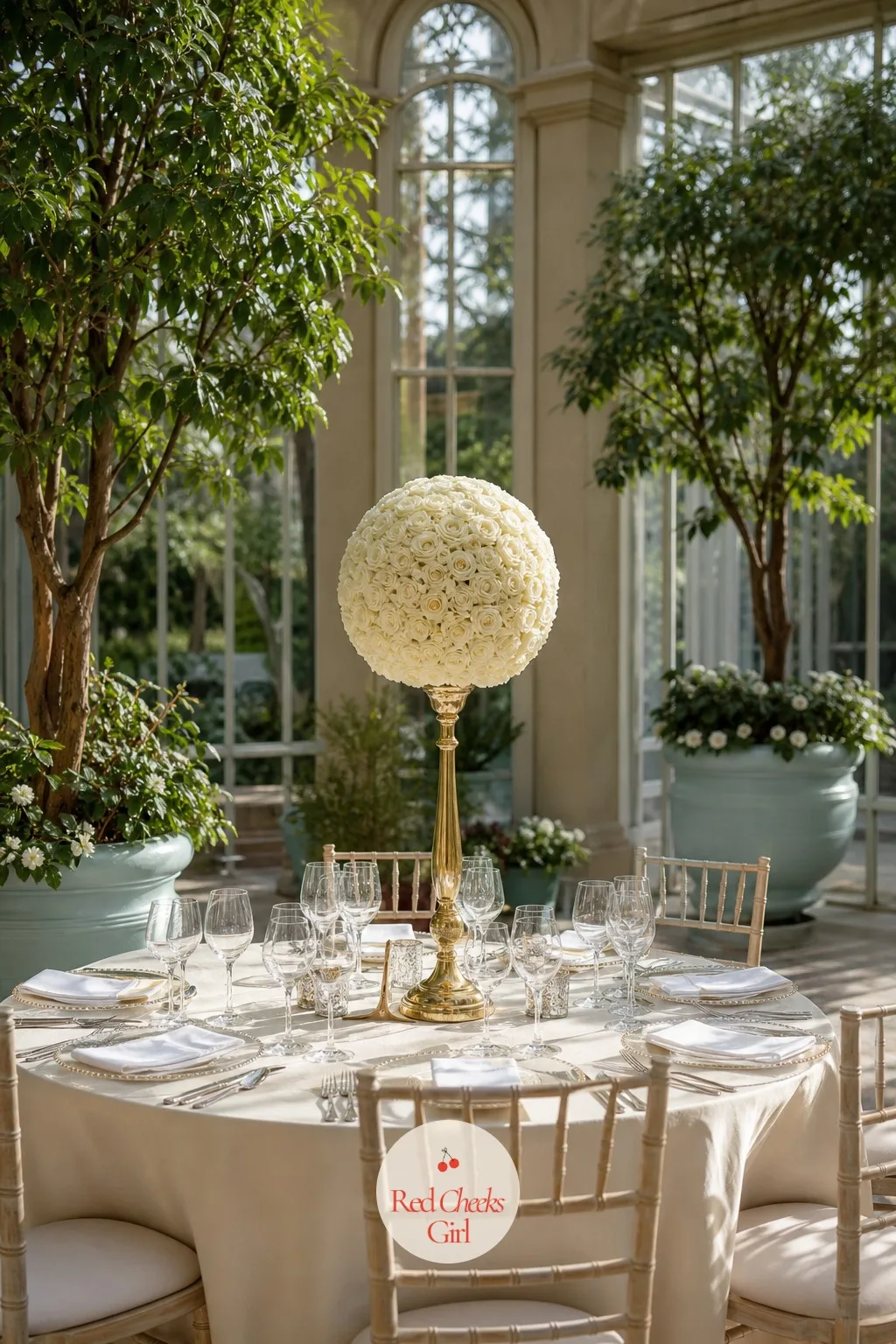 Topiary Ball on a Pedestal — Built like a lollipop: a narrow pedestal stand holds a round floral foam sphere at the top, completely covered in small flowers or