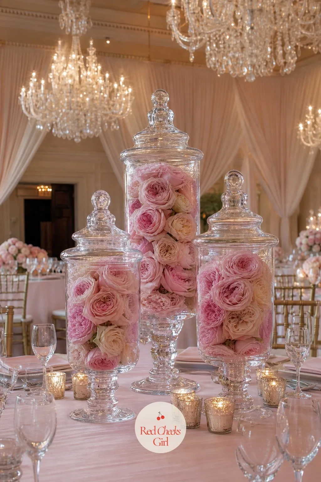 Trio of Glass Apothecary Jars Filled With Loose Garden Roses — Three cylindrical glass apothecary jars, slightly different heights, stand grouped together