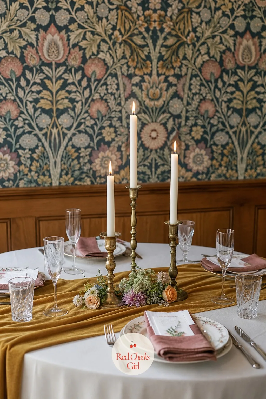 Trio of Mismatched Brass Candlesticks With Flowers at the Base — Three brass candlesticks of different heights, none matching exactly, stand grouped at the