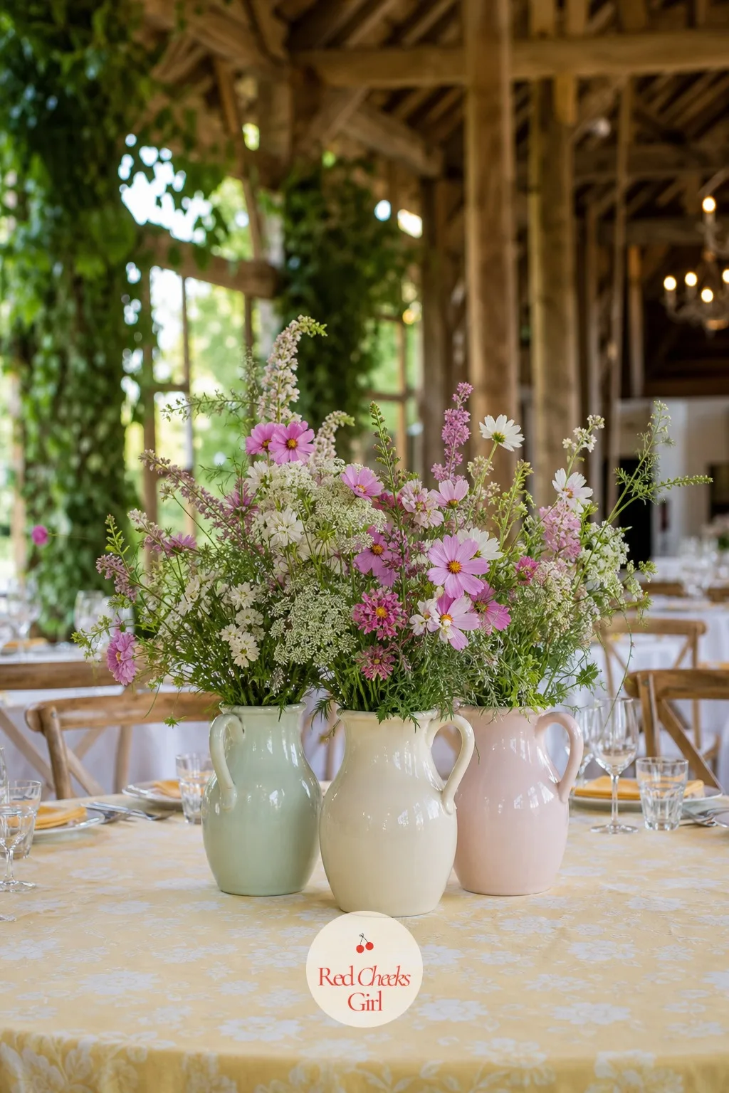 Trio of Pastel Ceramic Jugs With Wildflowers — Three small ceramic jugs, each in a different pastel glaze, hold loose, slightly messy bunches of wildflowers