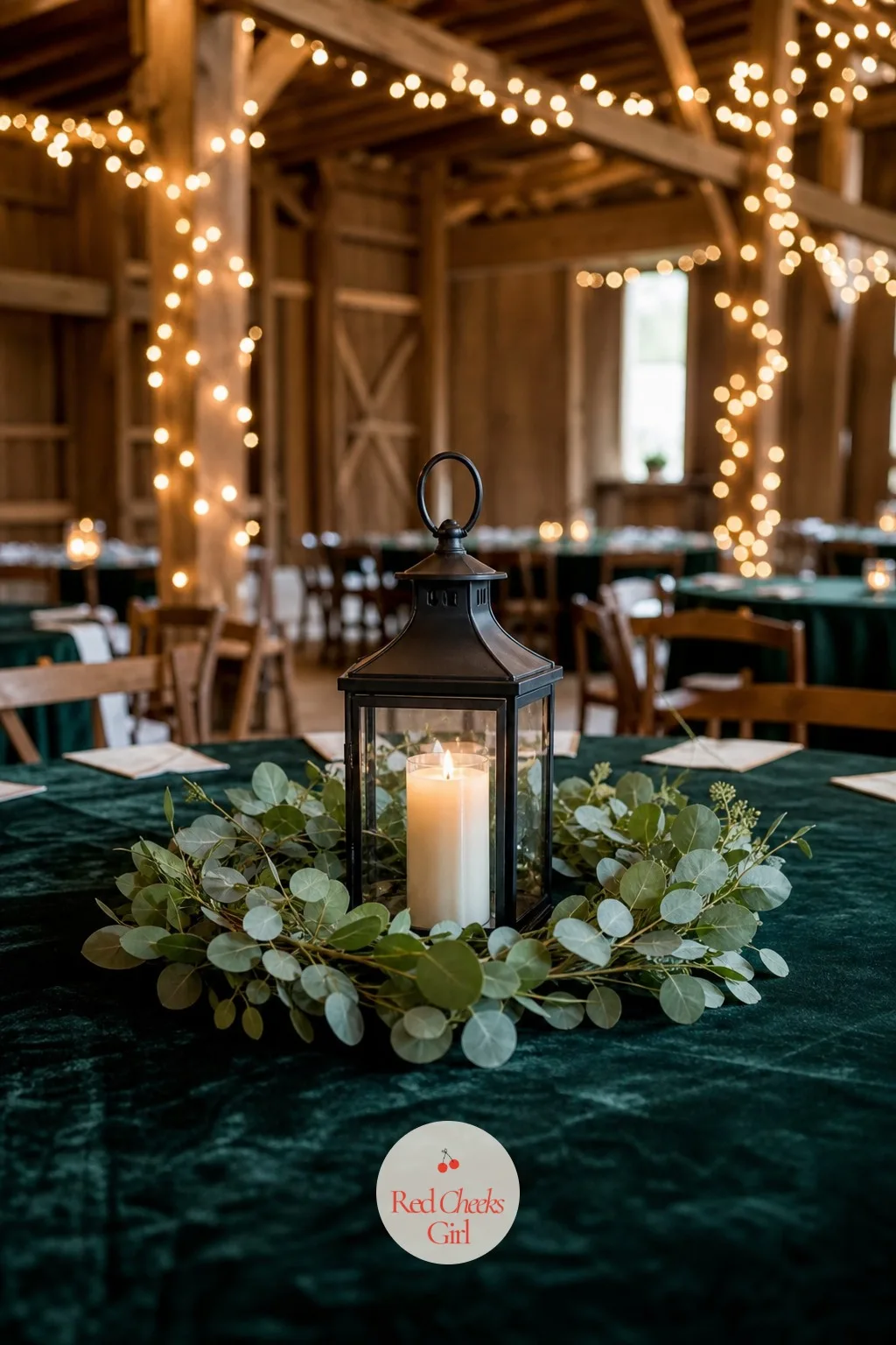 Wreath of Greenery Around a Lantern — A single statement lantern sits at the centre of the table, and a flat wreath of eucalyptus or mixed greenery lies around