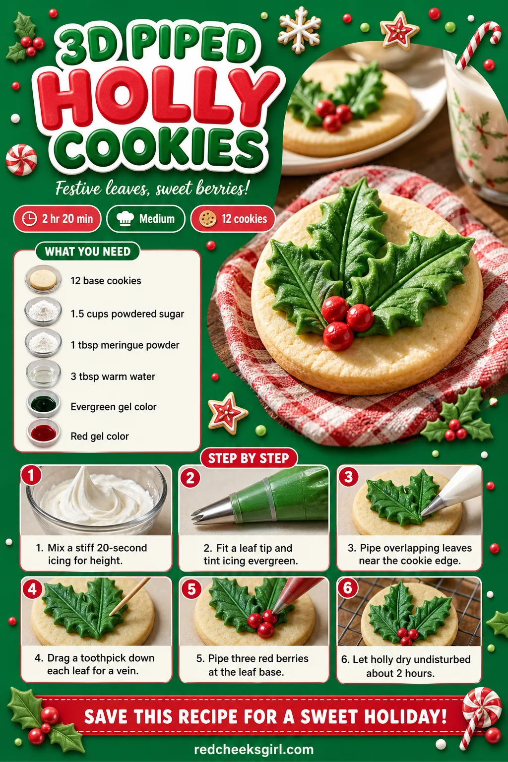 3D Piped Holly Cookies Recipe Card printable sheet — Printable card with photo, meta line, ingredients and the 6-step 3D piping method. Royal icing christmas