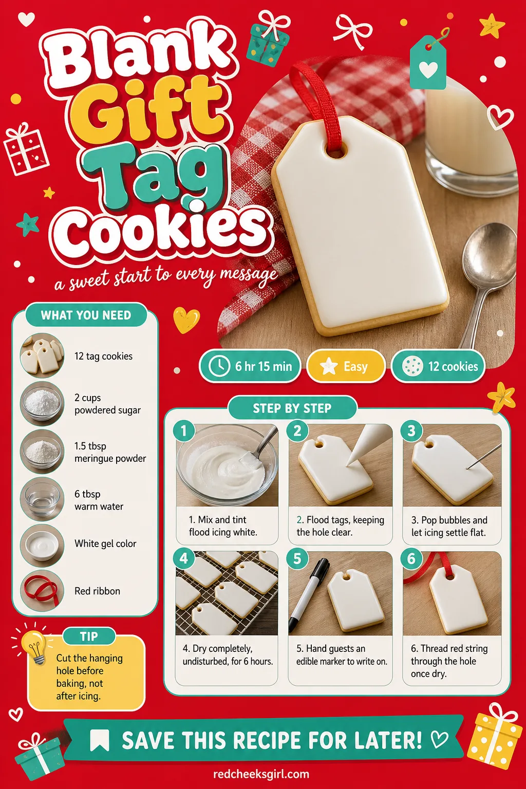 Blank Gift Tag Cookies Recipe Card printable sheet — Printable card with photo, meta line, ingredients and the 6-step flooding and writing method. Royal icing
