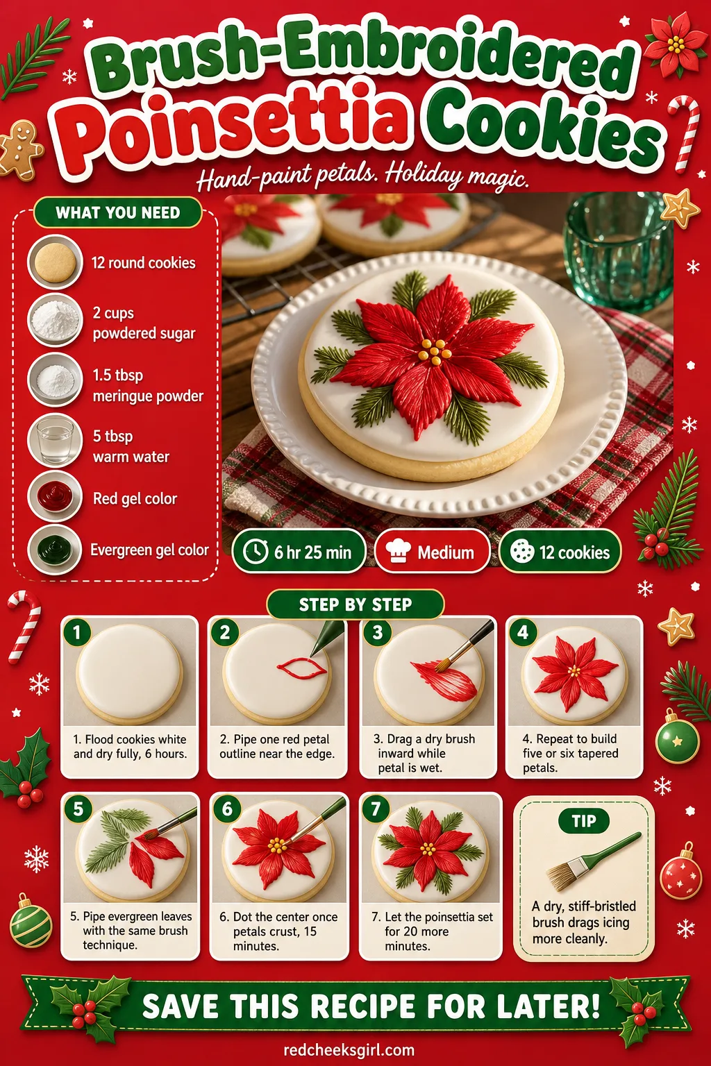 Brush-Embroidered Poinsettia Cookies Recipe Card printable sheet — Printable card with photo, meta line, ingredients and the 6-step brush embroidery method.