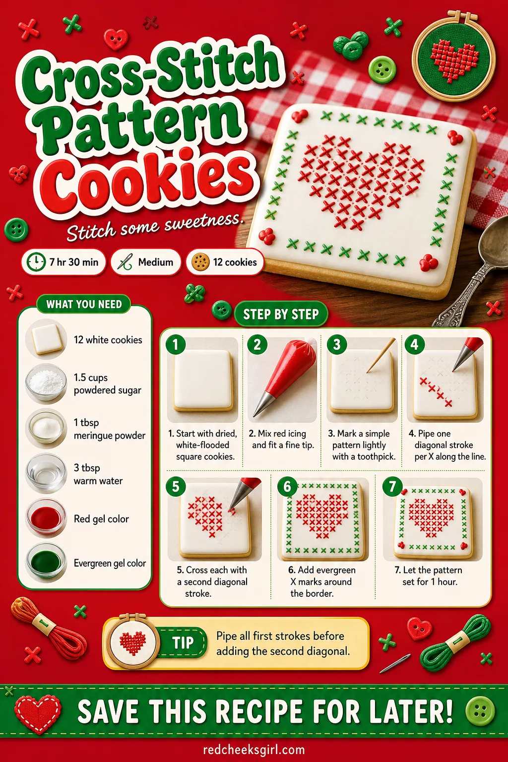 Cross-Stitch Pattern Cookies Recipe Card printable sheet — Printable card with photo, meta line, ingredients and the 6-step cross-stitch method. Royal icing