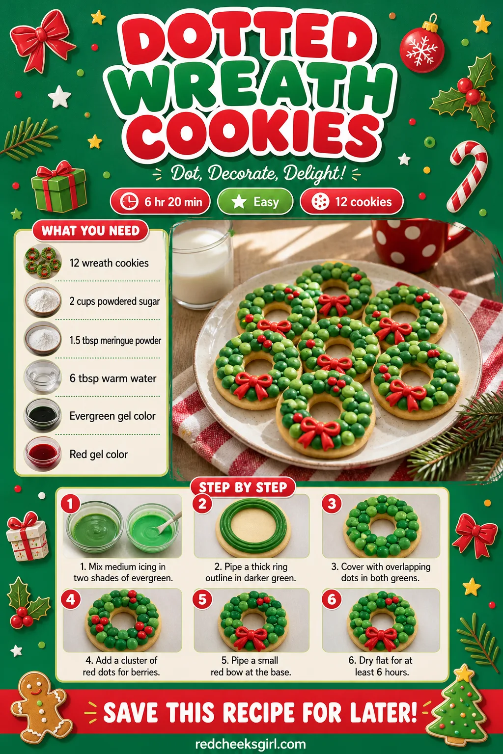 Dotted Wreath Cookies Recipe Card printable sheet — Printable card with photo, meta line, ingredients and the 6-step dotting method. Royal icing christmas