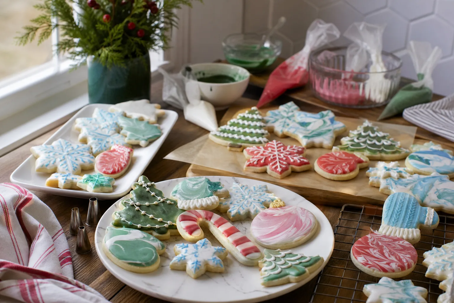 20 Royal Icing Christmas Cookies With Flooding, Wet-on-Wet and Marbling Tricks