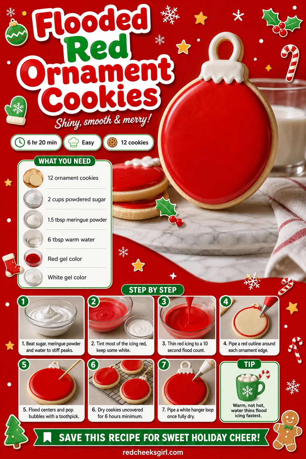 Flooded Red Ornament Cookies Recipe Card printable sheet — Printable card with photo, meta line, ingredients and the 6-step flooding method. Royal icing