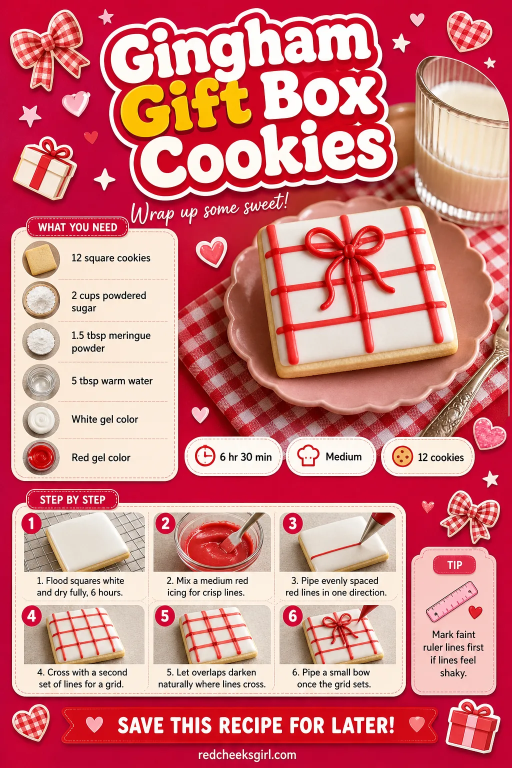 Gingham Gift Box Cookies Recipe Card printable sheet — Printable card with photo, meta line, ingredients and the 6-step gingham method. Royal icing christmas